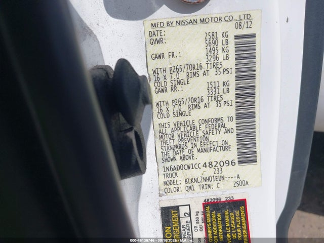 46138746 :رقم المزاد ، 1N6AD0CW1CC482096 vin ، 2012 Nissan Frontier Sv مزاد بيع