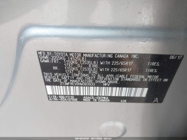 Продажа на аукционе авто 2017 Toyota Rav4 Xle, vin: 2T3WFREV0HW383933, номер лота: 46138767