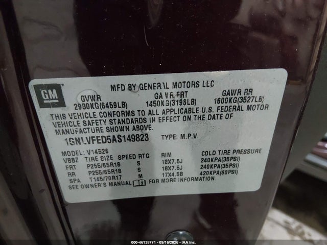 2010 Chevrolet Traverse Lt მანქანა იყიდება აუქციონზე, vin: 1GNLVFED5AS149823, აუქციონის ნომერი: 46138771