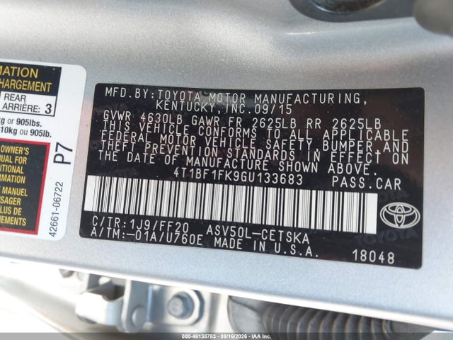 46138783 :رقم المزاد ، 4T1BF1FK9GU133683 vin ، 2016 Toyota Camry Se مزاد بيع