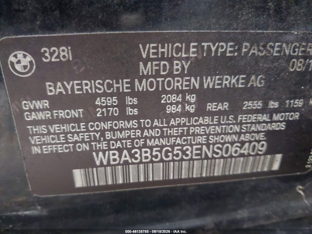 2014 Bmw 328i Xdrive მანქანა იყიდება აუქციონზე, vin: WBA3B5G53ENS06409, აუქციონის ნომერი: 46138785
