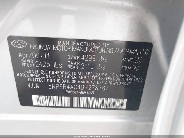 46138791 :رقم المزاد ، 5NPEB4AC4BH278387 vin ، 2011 Hyundai Sonata Gls مزاد بيع