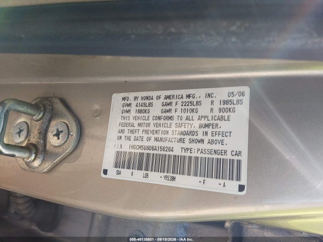 46138801 :رقم المزاد ، 1HGCM56806A156264 vin ، 2006 Honda Accord 2.4 Ex مزاد بيع