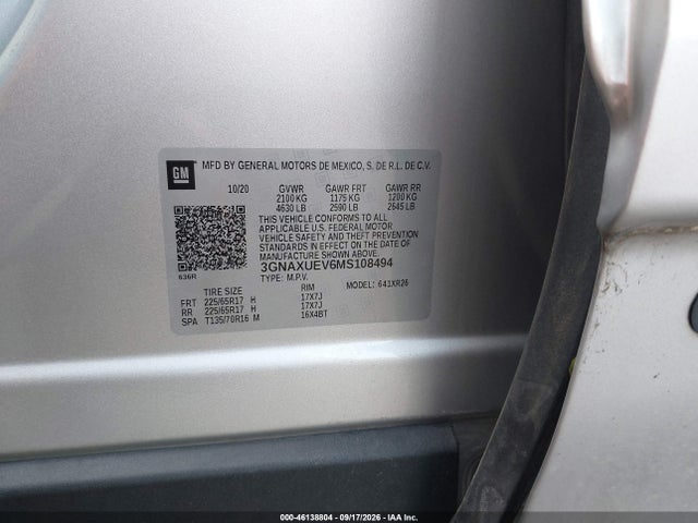 Aukcja sprzedaży 2021 Chevrolet Equinox Awd Lt, vin: 3GNAXUEV6MS108494, numer aukcji: 46138804