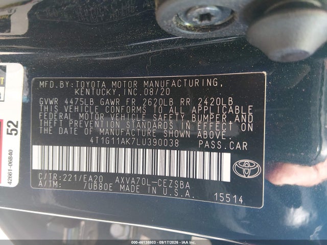 46138803 :رقم المزاد ، 4T1G11AK7LU390038 vin ، 2020 Toyota Camry Se مزاد بيع