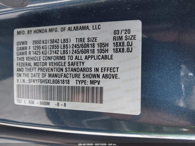 46138808 :رقم المزاد ، 5FNYF6H5XLB061818 vin ، 2020 Honda Pilot Awd Ex-l مزاد بيع