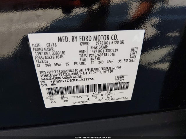2017 Ford Explorer Xlt მანქანა იყიდება აუქციონზე, vin: 1FM5K7D83HGA37759, აუქციონის ნომერი: 46138810