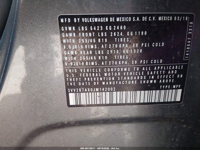 46138811 :رقم المزاد ، 3VV2B7AX0JM142002 vin ، 2018 Volkswagen Tiguan 2.0t Se/2.0t Sel مزاد بيع