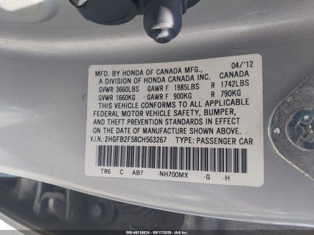 Aukcja sprzedaży 2012 Honda Civic Lx, vin: 2HGFB2F58CH563267, numer aukcji: 46138824