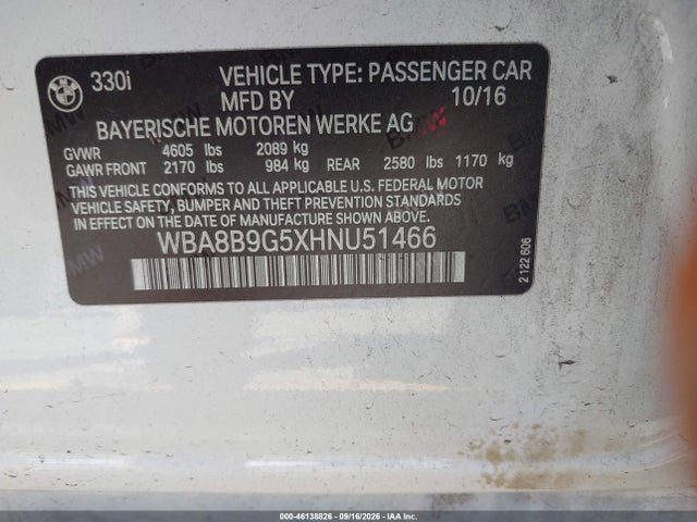 Aukcja sprzedaży 2017 Bmw 330i, vin: WBA8B9G5XHNU51466, numer aukcji: 46138826