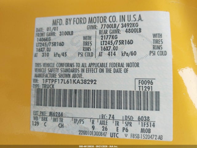 2001 Ford F-150 Xl/xlt მანქანა იყიდება აუქციონზე, vin: 1FTPF17L61KA38292, აუქციონის ნომერი: 46138838