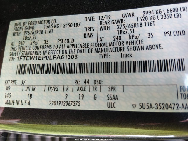 Продаж на аукціоні авто 2020 Ford F-150 Xlt, vin: 1FTEW1EP0LFA61303, номер лоту: 46138876