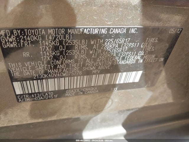 Aukcja sprzedaży 2012 Toyota Rav4 Limited V6, vin: 2T3DK4DV4CW075776, numer aukcji: 46138882