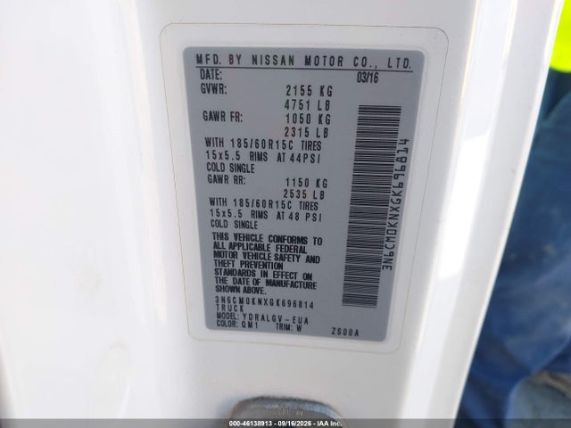 Aukcja sprzedaży 2016 Nissan Nv200 Sv, vin: 3N6CM0KNXGK696814, numer aukcji: 46138913