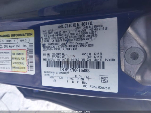46138917 :رقم المزاد ، 3FA6P0H70DR116883 vin ، 2013 Ford Fusion Se مزاد بيع