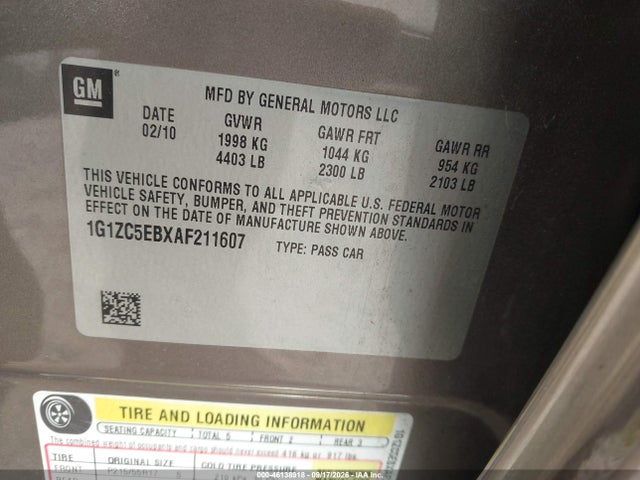 2010 Chevrolet Malibu Lt მანქანა იყიდება აუქციონზე, vin: 1G1ZC5EBXAF211607, აუქციონის ნომერი: 46138918