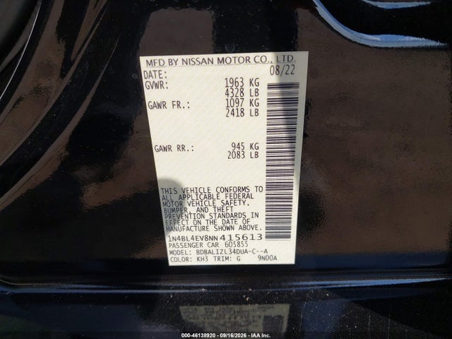 Продажа на аукционе авто 2022 Nissan Altima Sl Fwd, vin: 1N4BL4EV8NN415613, номер лота: 46138920