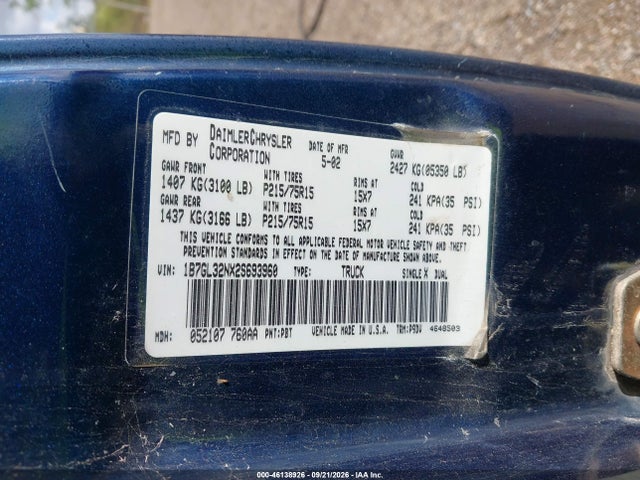 46138926 :رقم المزاد ، 1B7GL32NX2S693960 vin ، 2002 Dodge Dakota Sport مزاد بيع