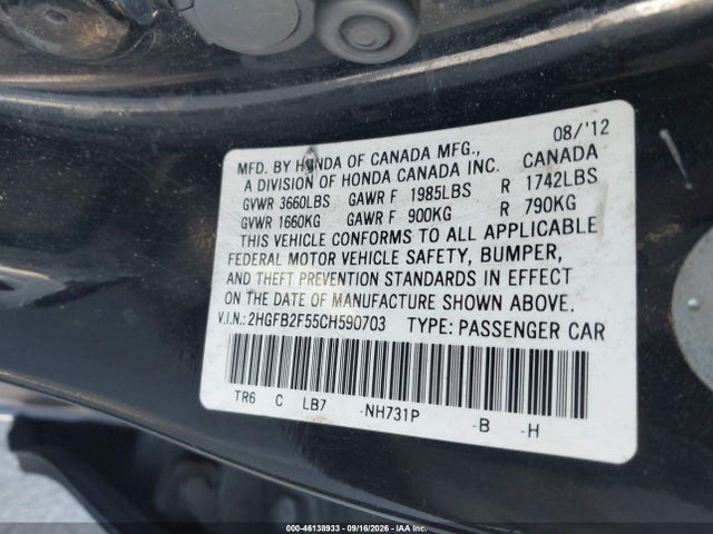 2012 Honda Civic Lx მანქანა იყიდება აუქციონზე, vin: 2HGFB2F55CH590703, აუქციონის ნომერი: 46138933