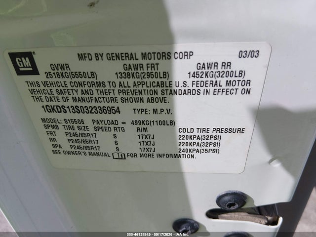 Aukcja sprzedaży 2003 Gmc Envoy Sle, vin: 1GKDS13S032336954, numer aukcji: 46138949