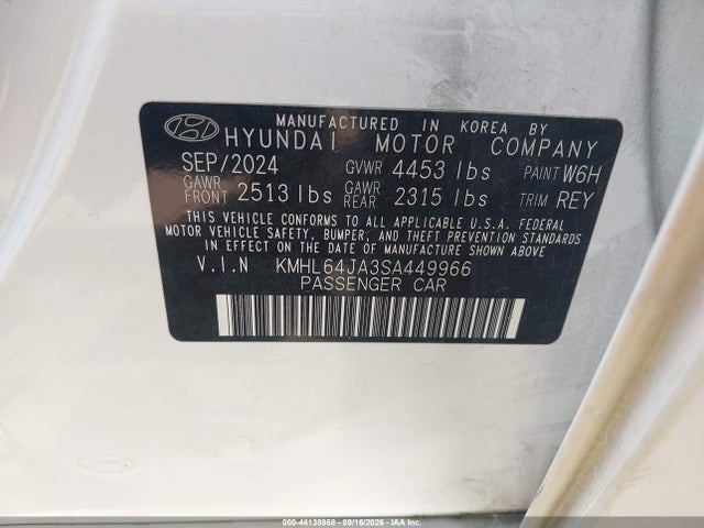 46138958 :رقم المزاد ، KMHL64JA3SA449966 vin ، 2025 Hyundai Sonata Sel مزاد بيع