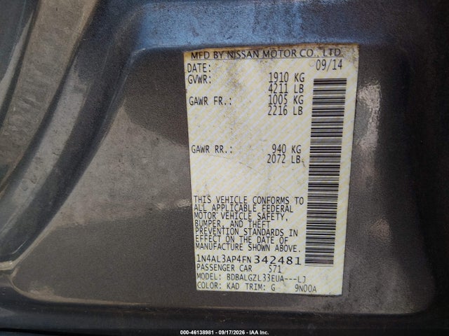 Aukcja sprzedaży 2015 Nissan Altima 2.5 S, vin: 1N4AL3AP4FN342481, numer aukcji: 46138981