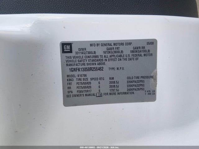 46138993 :رقم المزاد ، 1GNFK13058R256462 vin ، 2008 Chevrolet Tahoe Lt مزاد بيع