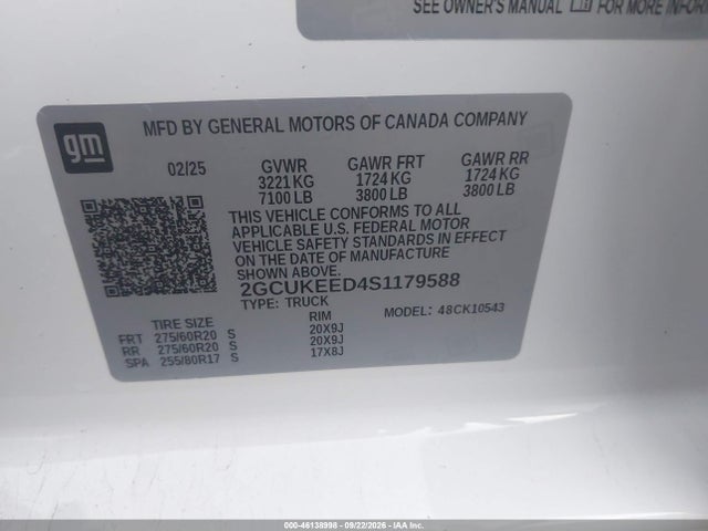 2025 Chevrolet Silverado 1500 4wd  Short Bed Rst მანქანა იყიდება აუქციონზე, vin: 2GCUKEED4S1179588, აუქციონის ნომერი: 46138998