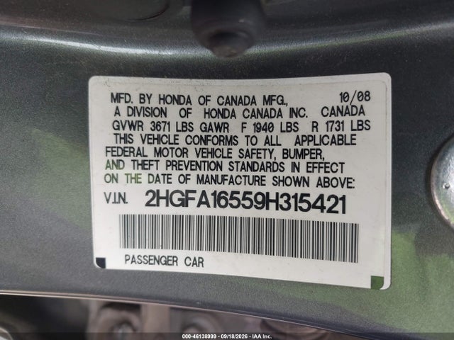 Aukcja sprzedaży 2009 Honda Civic Lx, vin: 2HGFA16559H315421, numer aukcji: 46138999