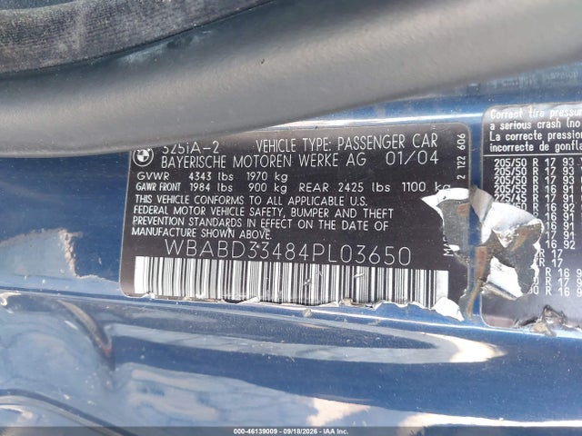 46139009 :رقم المزاد ، WBABD33484PL03650 vin ، 2004 Bmw 325ci مزاد بيع