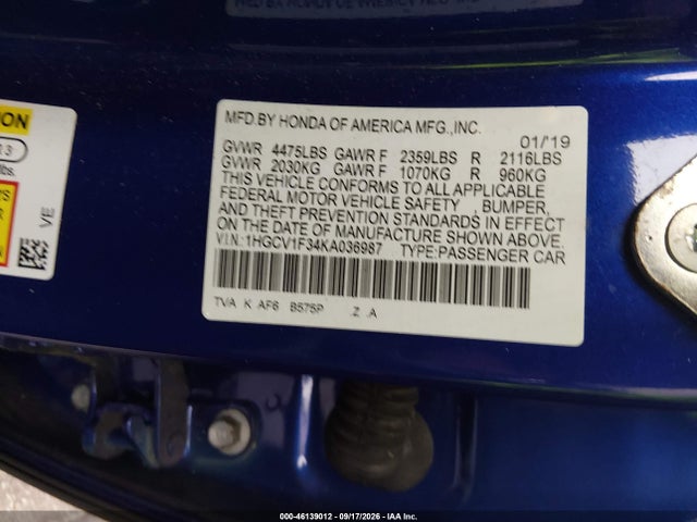 46139012 :رقم المزاد ، 1HGCV1F34KA036987 vin ، 2019 Honda Accord Sport مزاد بيع