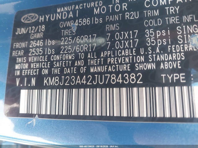KM8J23A42JU784382 Hyundai TUCSON SE