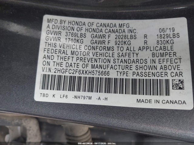 2019 Honda Civic Lx მანქანა იყიდება აუქციონზე, vin: 2HGFC2F6XKH575666, აუქციონის ნომერი: 46139036