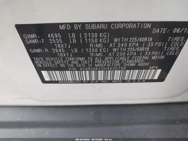 Продажа на аукционе авто 2017 Subaru Outback 2.5i Limited, vin: 4S4BSAKC0H3435798, номер лота: 46139044