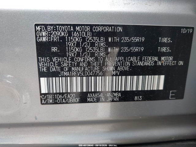 46139045 :رقم المزاد ، JTMA1RFV5LD047756 vin ، 2020 Toyota Rav4 Xle Premium مزاد بيع