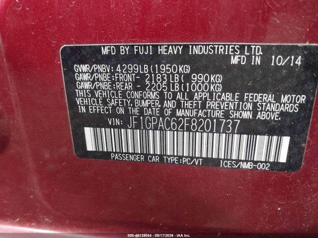 Продаж на аукціоні авто 2015 Subaru Impreza 2.0i Premium, vin: JF1GPAC62F8201737, номер лоту: 46139054