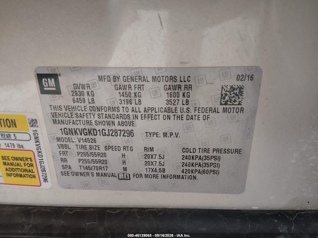 46139065 :رقم المزاد ، 1GNKVGKD1GJ287296 vin ، 2016 Chevrolet Traverse Lt مزاد بيع