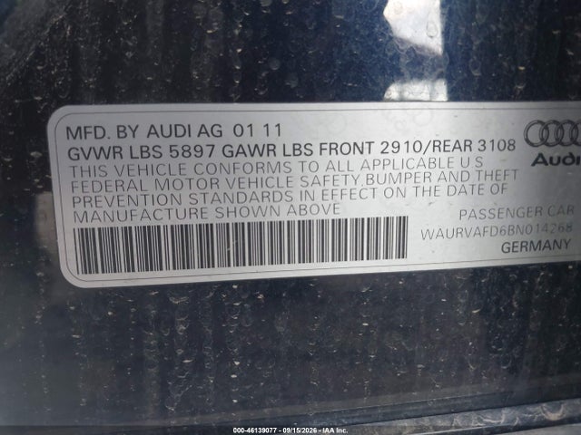 2011 Audi A8 L 4.2 მანქანა იყიდება აუქციონზე, vin: WAURVAFD6BN014268, აუქციონის ნომერი: 46139077