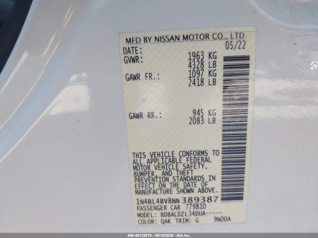 46139079 :رقم المزاد ، 1N4BL4BV8NN389387 vin ، 2022 Nissan Altima 2.5 S مزاد بيع