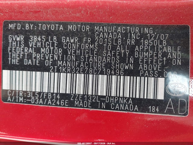 Продаж на аукціоні авто 2008 Toyota Matrix Xr, vin: 2T1KR32E78C719496, номер лоту: 46139087