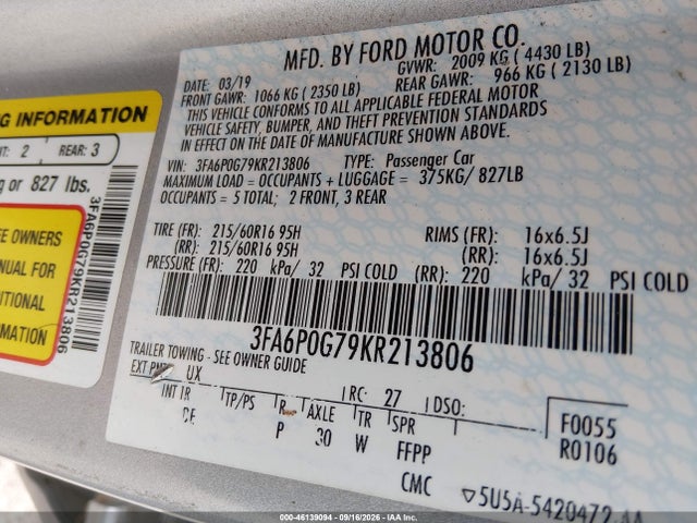 46139094 :رقم المزاد ، 3FA6P0G79KR213806 vin ، 2019 Ford Fusion S مزاد بيع