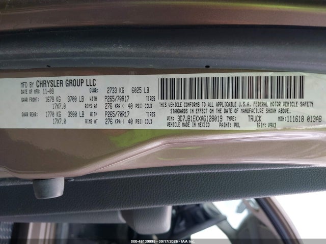 Продаж на аукціоні авто 2010 Dodge Ram 1500 St, vin: 3D7JB1EKXAG128019, номер лоту: 46139095