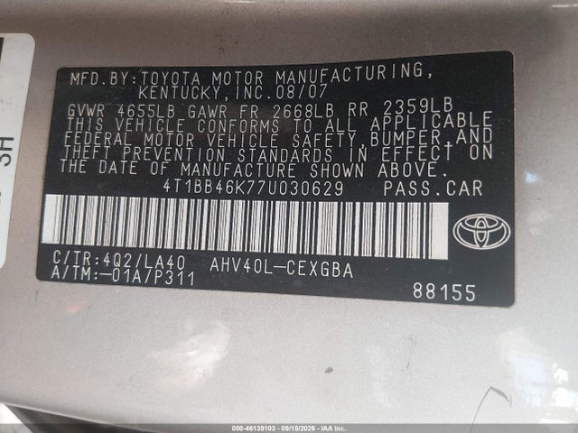 Aukcja sprzedaży 2007 Toyota Camry Hybrid, vin: 4T1BB46K77U030629, numer aukcji: 46139103