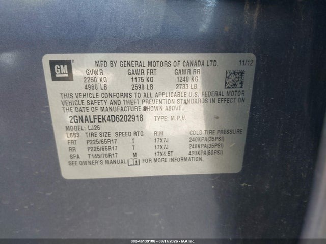 Aukcja sprzedaży 2013 Chevrolet Equinox Ltz, vin: 2GNALFEK4D6202918, numer aukcji: 46139108