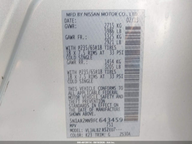 Nissan Pathfinder S 2015 5N1AR2MN9FC643459 Image 9