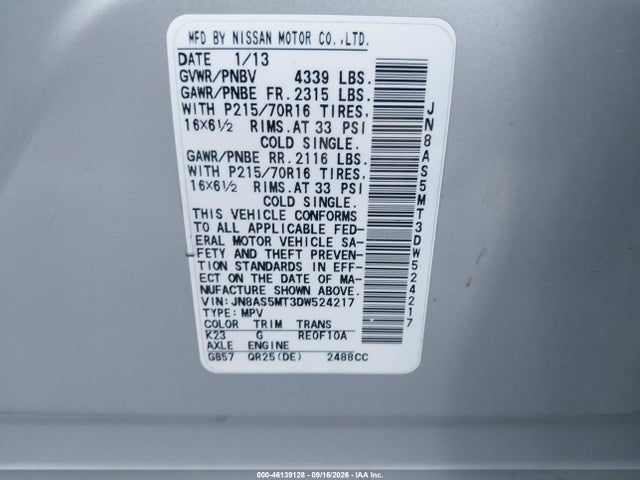 2013 Nissan Rogue S მანქანა იყიდება აუქციონზე, vin: JN8AS5MT3DW524217, აუქციონის ნომერი: 46139128