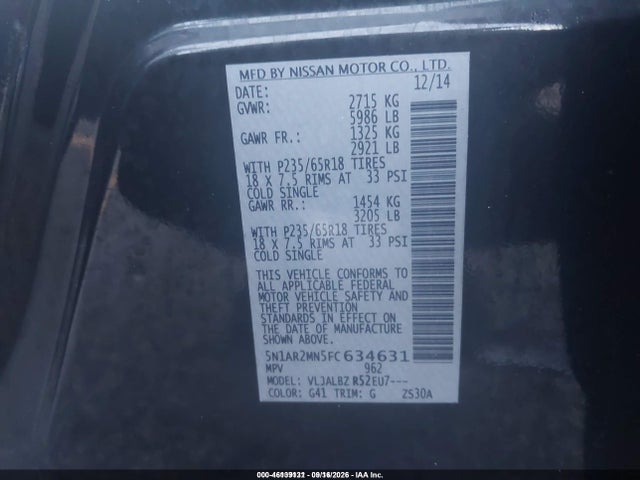 Продаж на аукціоні авто 2015 Nissan Pathfinder S, vin: 5N1AR2MN5FC634631, номер лоту: 46139131
