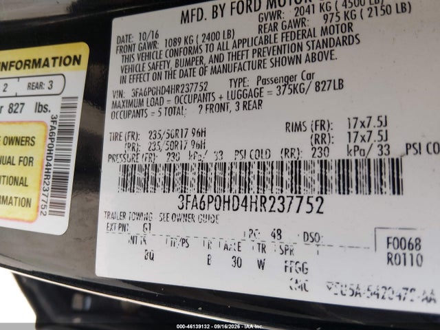Продажа на аукционе авто 2017 Ford Fusion Se, vin: 3FA6P0HD4HR237752, номер лота: 46139132