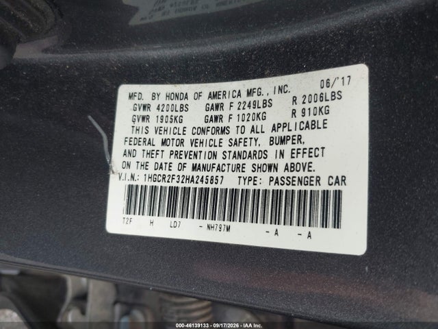 Продаж на аукціоні авто 2017 Honda Accord Lx, vin: 1HGCR2F32HA245857, номер лоту: 46139133