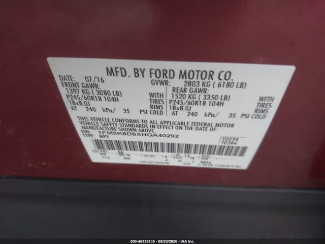 46139135 :رقم المزاد ، 1FM5K8D8XHGA40292 vin ، 2017 Ford Explorer Xlt مزاد بيع